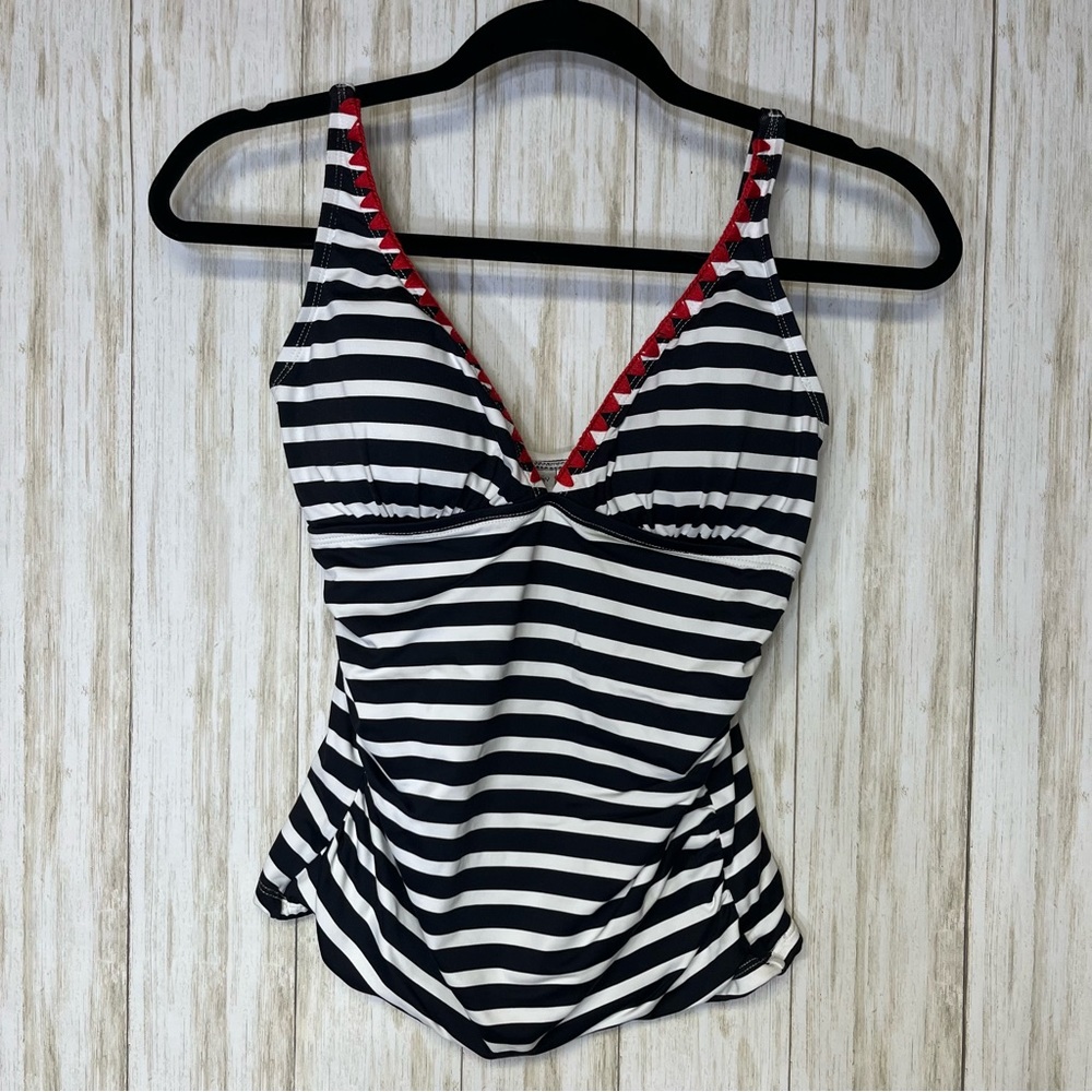 Tommy Bahama Black & White Breton Stripe Tankini with Red Accent Size XS